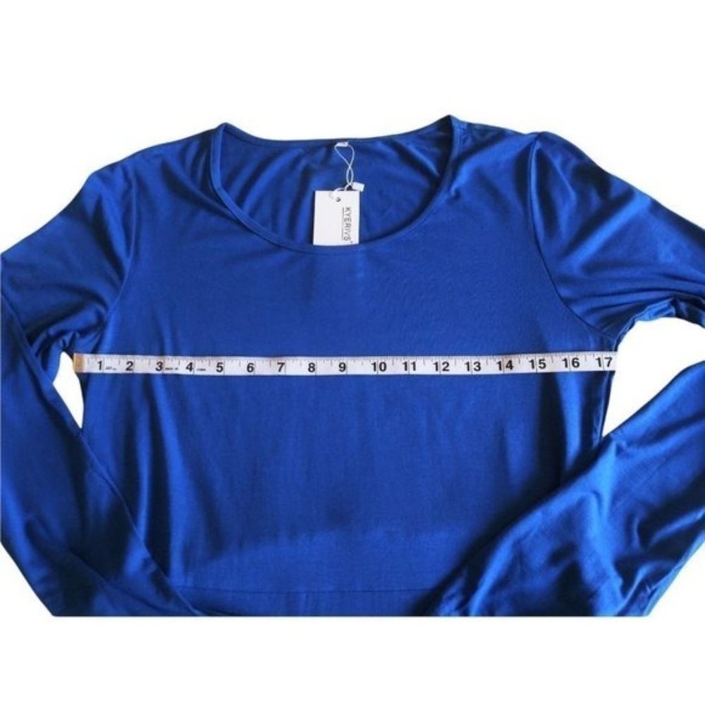 Women's Blue Long Sleeve Tie Waist Ruffle Hem Casual Midi Dress - Picture 8 of 15